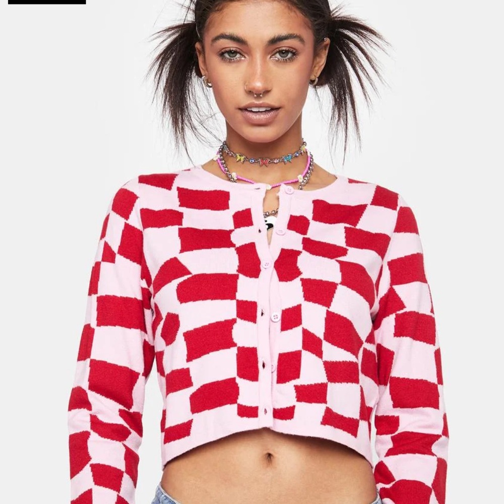 Stylish Red and Pink Checkered Cardigan